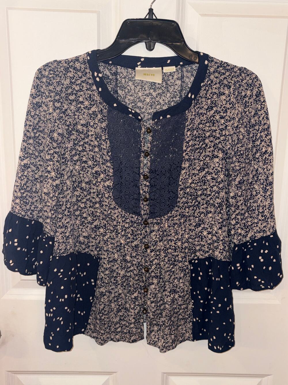 Anthropologie Maeve Navy White Boho Blouse Size 4